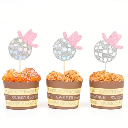 Disco Cowgirl Cupcake Toppers - Disco Ball Party Decorations, Set of 12 Cowgirl Birthday Cupcake Toppers, Disco Cowgirl Bachelorette Party Decorations
