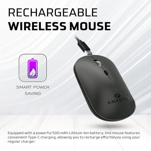 Image of Amkette Hush Pro Epic LP Rechargeable Wireless Mouse /Bluetooth Mouse | Multi-Device Connectivity with 2.4 GHz & 2X BT, Silent Switches, Slim & Lightweight Travel-Friendly Design, Upto 3200 DPI (Grey)