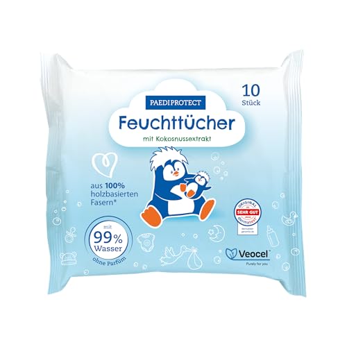 PAEDIPROTECT Toallitas húmedas 1 x 10 unidades, toallitas sensibles al agua para bebés con 99% de agua sin fragancias, para la delicada piel del bebé y los niños, con extracto de coco, sin