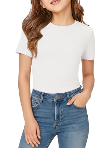 Haloumoning Girls Short Sleeve T-Shirts Kids Rib Knit Slim Fit Tops Summer Fashion Crewneck Tees 5-14 Years White