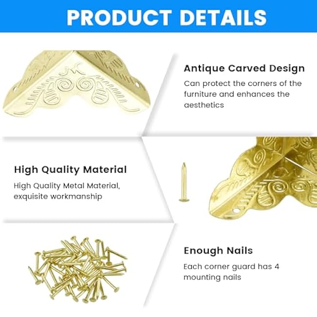 SDTC Tech 12 Pack Furniture Corner Protector 1 x 1 Antique Gold Triangle Edge Decorative Metal Corner Guard for Storage Box Jewelry Case Cabinet Coffee Table Wooden Chest etc.