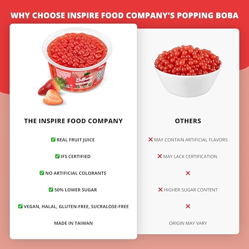The Inspire Food Company Popping Boba Pearls for Bubble Tea - 450gm | Strawberry | Bursting Pearls Bubble | Real Fruit Juice For Shakes, Smoothie | 100% Vegan & Glutenfree, No Artificial Colors