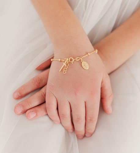 Image of Cherished Moments 14K Gold-Plated Rosary Bracelet First Communion or Confirmation Gift for Girls with Miraculous Medal and Cross Charm