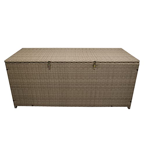 Image of Oakland Living Tan Indoor and Outdoor Balcony Patio Deck Porch Pool 113 Gallon Wicker Storage Box Trunk Bin with Metal Frame