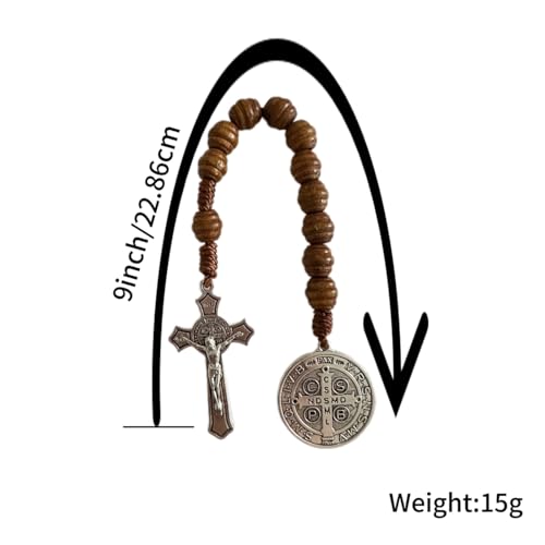 Saint Benedict Medal Prayer Pocket Rosary Catholic Brown Wood Beads with Medalla de san benitol and Crucifix, 9 Inch(Silver)