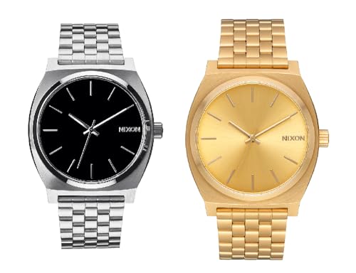 NIXON Time Teller A045- Silver/Black & All Gold Bundle 100m Water Resistant Men's Analog Fashion Watch (37mm Watch Face, 19.5mm-18mm Stainless Steel Band)