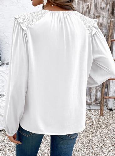 Dokotoo Cute Tops for Women Long Puff Sleeve Babydoll Peplum Blouse Sexy Tie Front Blouses Button Shirts Summer Flowy Tops for Women Beach Vacation White Medium — view 4