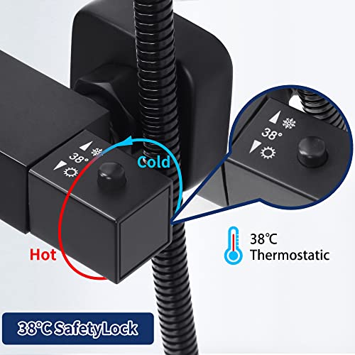 Ronvie Thermostatic Shower Mixer Set - Adjustable Rainfall Shower System with Scald Protection and Anti-Kink Hose in Matte Black - Image 5