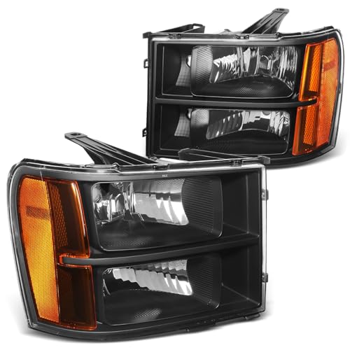 DNA MOTORING Pair Headlight Assembly Compatible With 07-13 GMC Sierra 1500/07-14 Sierra 2500 HD 3500 HD, Black/Amber, HL-OH-GMCSIE07-BK-AM