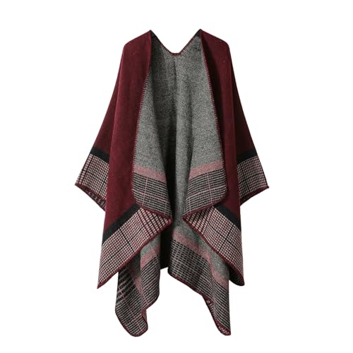Ciormis Wine Red Poncho Sweater Women Cozy Open Front Poncho Shawl Wraps Warm Fashion Block Blanket Cardigan Fall Winter