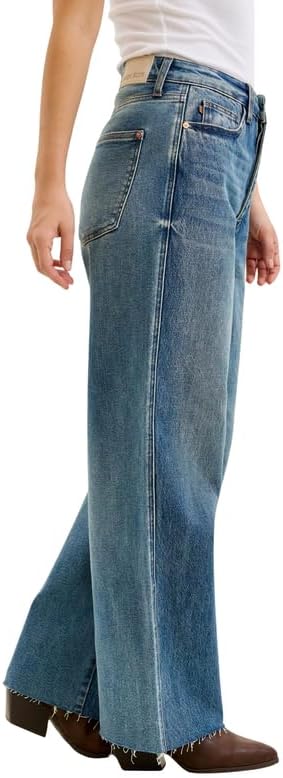 Judy Blue High Waist Vintage Indigo Wilhelmina Baggy Jeans – Rigid Magic Denim, Raw Hem, Relaxed Wide Leg Fit 31" Inseam