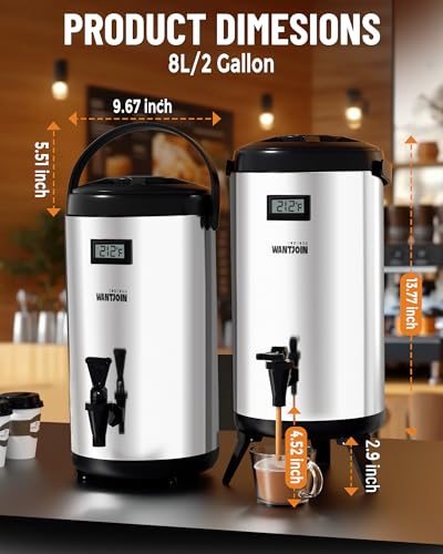 Image of WantJoin Insulated Beverage Dispenser-55 Cup Hot&Cold water Urn for Catering-Stainless Steel Premium 8 L /2 Gallon Hot Drink Dispenser with Spigot for Coffee & Hot tea,Cold Milk,Water,Juice(Silver)