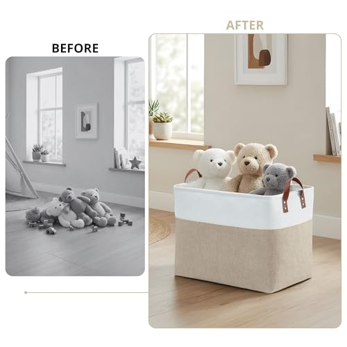 Image of DECOMOMO Large Storage Baskets | Closet Storage Bins 17x12x13inch Canvas Baskets For Storage Laundry Nursery Toys Cloth Linen (Beige & White, XXL - 3 Pack)