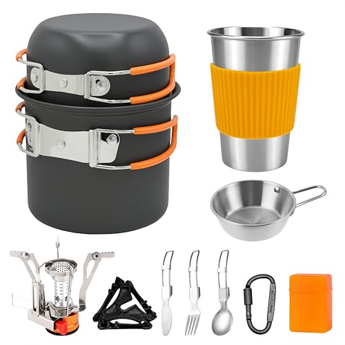 JUSFANE 10Pcs Camping Cookware Mess Kit - 1.2L & 0.6L Camping Pots with Stove, Forks Knives Spoons...