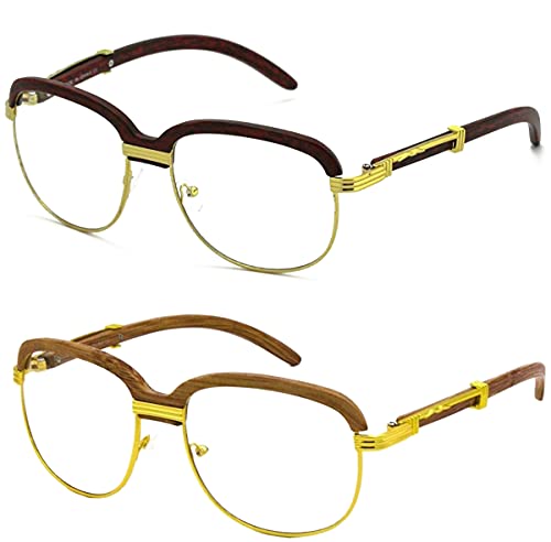 Elite WOOD Art Clear Lens Eyeglasses Unisex Vintage Fashion Aviator Sunglasses (2 PACK: Cherry Clear and Brown Clear)