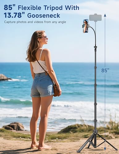 Image of Phone Tripod Stand, 85 inch Tall Cellphone Tripod for iPhone with Gooseneck Remote, Flexible Portable Phone Stand for Recording, Compatible with iPhone 14 13 12 Pro Android Camera