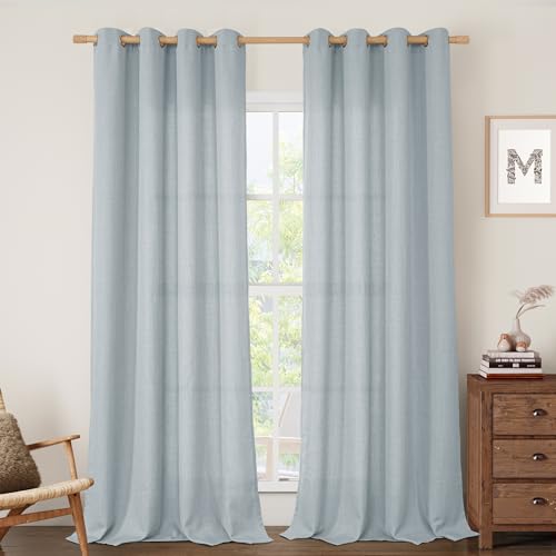 Image of LAMIT Linen Curtains 95 Inch for Bedroom, Grommet Thick Linen Textured Sheer Curtains Light Filtering Privacy Window Drapes for Living Room, Set of 2 Panels, 52 x 95 Inch, Haze Blue