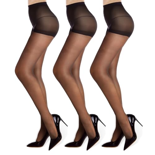 Image of 3 Pack Women's Sheer High Waist Tights-20D with Support and Reinforced Toes Pantyhose (US, Alpha, Medium, Regular, Regular, Black)