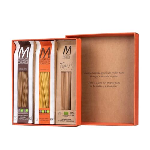 Pasta Mancini III Linee – Box Degustazione Pasta Artigianale Gourmet 3 Formati di Spaghetti (Classica, Integrale, Grani Turanici) 3×500g, Trafilata al Bronzo, Confezione Regalo - Made in Italy – 1,5kg