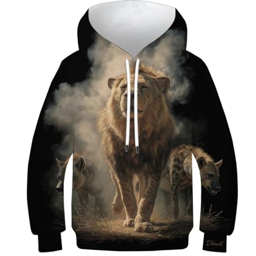 POLIUAWS Sweat à Capuche imprimé 3D avec Lion et hyènes dans Un Nuage de fumée, idéal pour Les Enfants de 8 à 10 Ans (Filles et garçons). Parfait pour Un déguisement ou Un Cadeau.