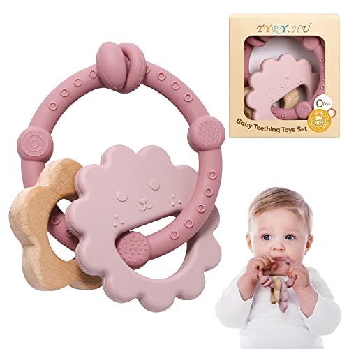Image of TYRY.HU Baby Teething Toys for Babies 0-6 Months, Baby Teether Toys 6-12 Months, Silicone Teething Ring & Wood Teether for Infants, Soft-Textured, Easy to Hold & Clean, Baby Gift for Girls