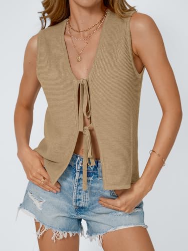 Image of LILLUSORY Womens Tie Front Tops Vacation Sweater Vest | Bohemian Style, Beach Resort Wear, Concert Western Outfits, Crochet Tops, Vacation Outfits, Cute Y2k Sleeveless 2026