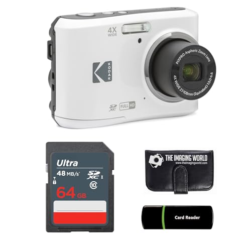 Kodak PIXPRO FZ45 16MP Digital Camera 4X Optical Zoom 27mm Wide Angle 1080P Full HD Video 2.7" LCD Camera (White) + 64GB Card and Reader + Memory Wallet Bundle