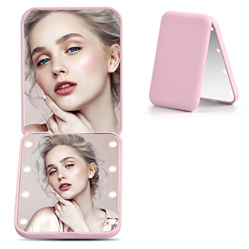Focenat Espejo de Bolsillo, Espejo de Maquillaje Portátil, Espejo de Aumento de 1X/2X, Espejo Compacto con Luz, Espejos Pequeños para Viaje, LED Portátil Plegable Espejo Cosmético (Rosa)