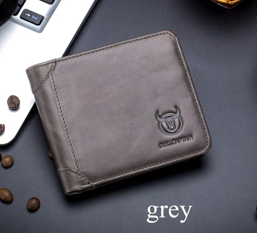 BULLCAPTAIN Men's Genuine Leather RFID Trifold Wallet with 2 ID Window Credit Card Holders Wallets (grey)4