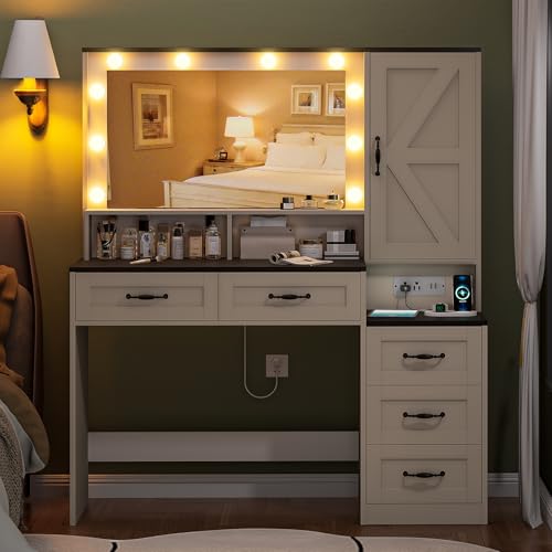 Farmhousevanitydeskwithmirrorand10ledlights453largemakeupvanitytablewithpoweroutlet5drawersand1cabinetvanitysetdressingtablewith9hooksforwomengirlswhiteblack Urban Country Home Decor Farmhouse vanity desk with mirror and 10 led lights 453 large makeup vanity table with power outlet 5 drawers and 1 cabinet vanity set dressing table with 9 hooks for women girls whiteblack urban country home decor