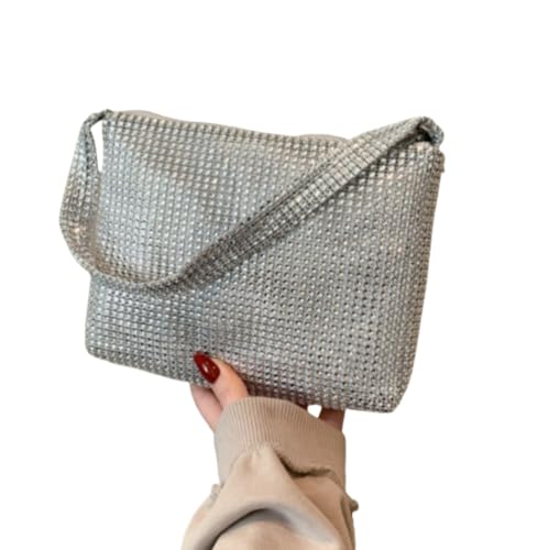 Diamond Inlaid Handbag Portable Solid Color Shoulder Underarm Bag Synthetic(Silver)