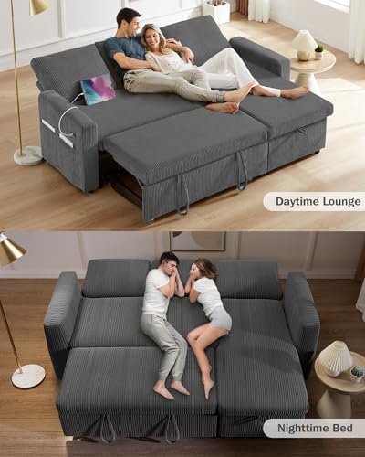 Vipbear 81" Sectional Sleeper Sofa with Pull Out Bed, L Shaped Couch Sleeper Sofa Bed, Pull Out Couch with Reclining Backrest, Reversible Storage Chaise, USB Ports, Tool-Free Assembly, Chenille Beige - Thumbnail 5