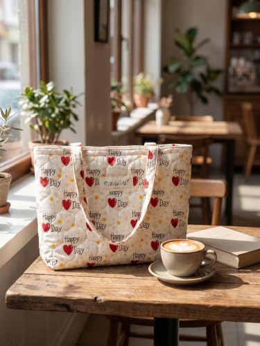 Image of Floral Quilted Cotton Shoulder Bag for Women Medium Size Handbag Large Capacity Thickened Design Tote