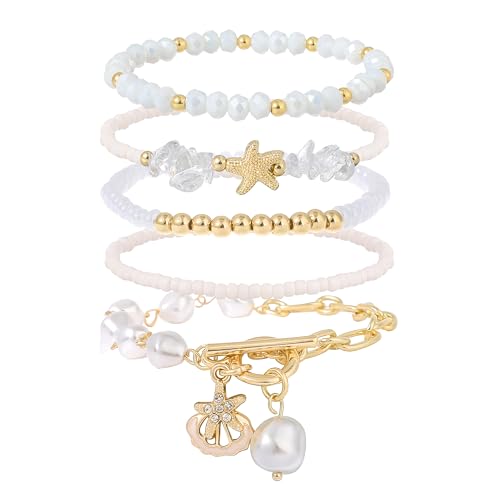 Pychee Summer Surfer Heishi Bracelet Set for Women Stackable Gold Plated Clay Ploymer Bead Stretch Pink Beach Layering Bracelets Jewelry (A-Starfish bracelet 5pcs)
