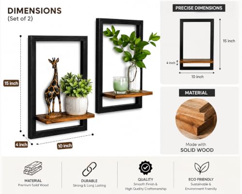 Image of Wooden Wall Shelves for Living Room & Bedroom Wall Decor - Set of 2 Floating Wall Mounted Shelf, 15x10 Inch Black Frame with Wood Shelf, Wall Shelves for Home Decor