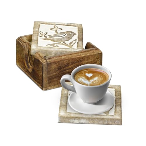 Store Indya Set of 4 Wood Coasters-Rustic Finish-Water Absorbent Eco-Friendly Protects Furniture from Water Stains & Damages-Set of 5 Drink Coasters Made Wood