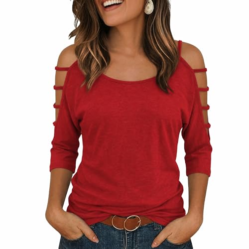 Shirts for Women Cold Shoulder 3/4 Sleeve Cutout Arm Tops Sexy Going Out Casual Y2k Cute Blouse Tops for Daily,M,Red
