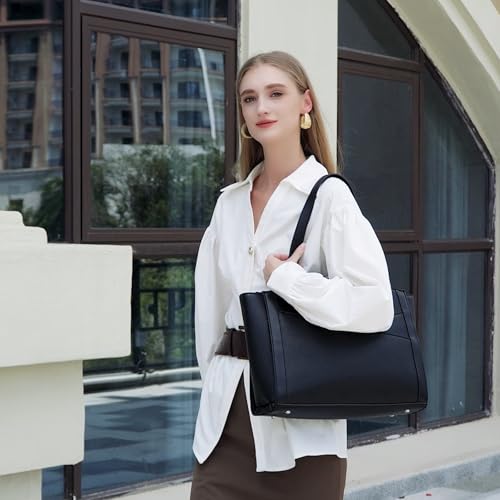 Image of MYHOZEE Work Tote Bag for Women PU Leather 15.6 Inch Laptop Bag | 3 Compartment, Large Capacity, Fits A4 folders, Purse Handbag for Office Work College Bussiness Travel Daily Used