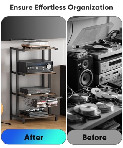 Ardier Media Stand with Detachable Baskets, 4-Tier AV Media Stand Corner Shelf for DVD Players/Cable Boxes/Games Consoles, Audio Storage Rack for Living Room, Gaming Room, Music Studio, Black