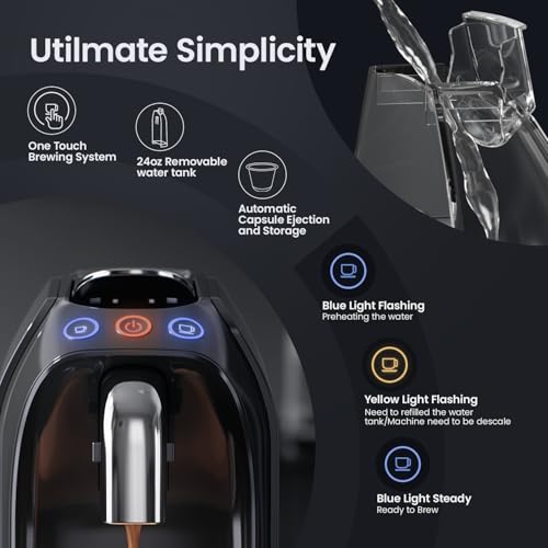 JZ.CAFE Mini Espresso Machine Coffee Maker: 1255W Single Serve Coffee Maker Programmable for Original Capsules - 20Bar High Pressure Barista Pump For Home Espresso & Lungo (Normal)
