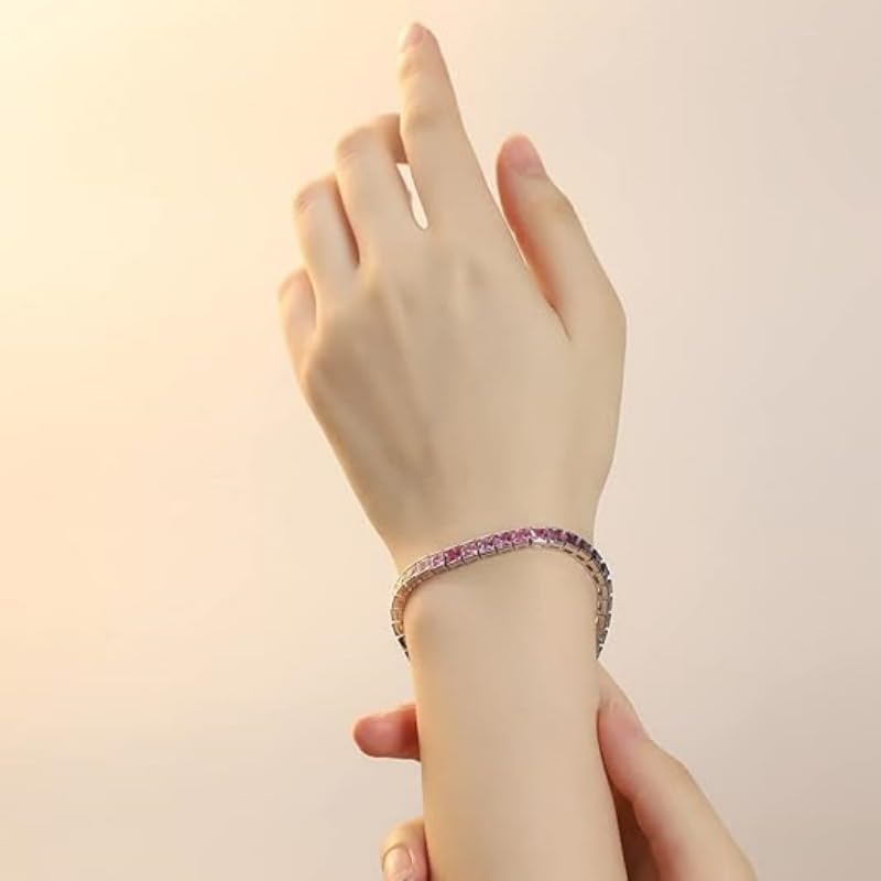 Rainbow Tennis Bracelet 4mm Lab Created Rainbow Sapphire Gemstone Tennis Bracelet,Sterling 925 Silver Iridescent Gemstone Bracelets for Woman Gift 5