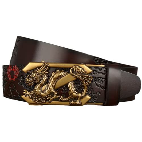 Men's Genuine Leather Ratchet Belt with Dragon Engraved Gold Automatic Buckle - 1 3/8
