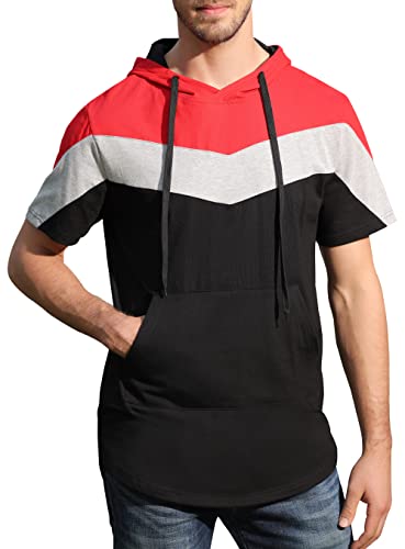 Mooncolour Men's Lightweight Hip Hop Longline Contrast Color Short Sleeve Hooded T Shirt Hoodie with Kanga Pocket Red