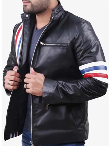 Image of Men's Leather Jacket Cafe Racer Biker Style Retro Stripes Jacket, Motorcycle Racing Leather Jacket Men
