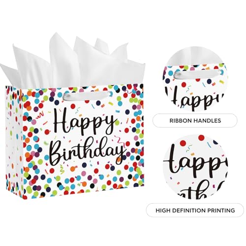 Horaldaily 13\" Large Birthday Gift Paper Bags with Tissue Paper and Card, Happy Birthday Dots Streamers Gift Paper Bag for Men Women Kids Birthday,1Pcs