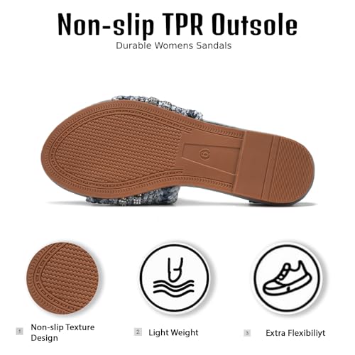 Women's Flat Sandals Braided Strap with Rhinestone Slides With Soft Memory Foam Insole, Beach Leather Slippers Footwear for Summer Vacation4