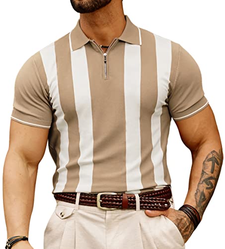 Men's Striped Polo Knitted Shirt Quarter Zip Pullover Sweater Contrast Lapel Collar Casual Top For Golf Sports Camel Xx-Large #TOP12