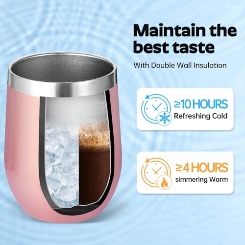 Volhoply 12oz Stainless Steel Wine Tumbler with Lid Bulk 8 Pack,Double Wall Vacuum Stemless Wine Glasses,Reusable Metal Travel Coffe Mug with Straw,Insulated Cup Gifts for Christmas(Rose Gold,8 Set) by Volhoply - Used condition - Image 5