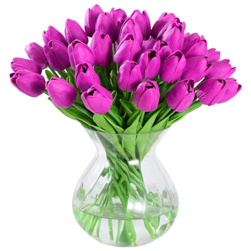 JUSTOYOU 40 tulipanes de flores artificiales, tulipanes de látex falsos de tacto real, tulipanes de flores sintéticas, ramos de boda para decoración de bodas, hogar, jardín (morado)