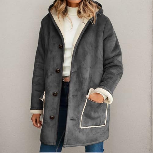 Sherpa Lined Jacket for Women Winter Button Down Long Sleeve Faux Fur Suede Coats Hooded Fuzzy Jackets with Pocket2